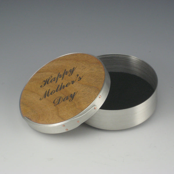 Shaker 4" Round Jewelry Box (Pewter & Cherry) ("Happy Mother's Day")