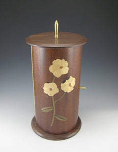 NEW! Cylinder Pewter, Mahogany Body w/Flower Marquetry, and Walnut Top/Bottom Jewelry Box with Rotating Trays