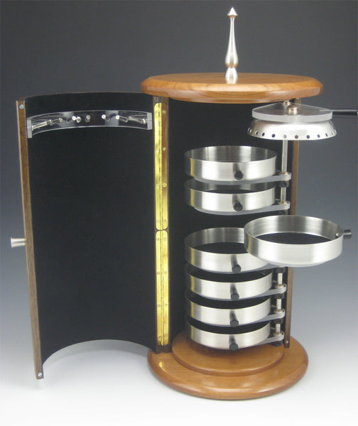 Cylinder Pewter, Walnut Body, and Cherry Top/Bottom Jewelry Box with Rotating Trays