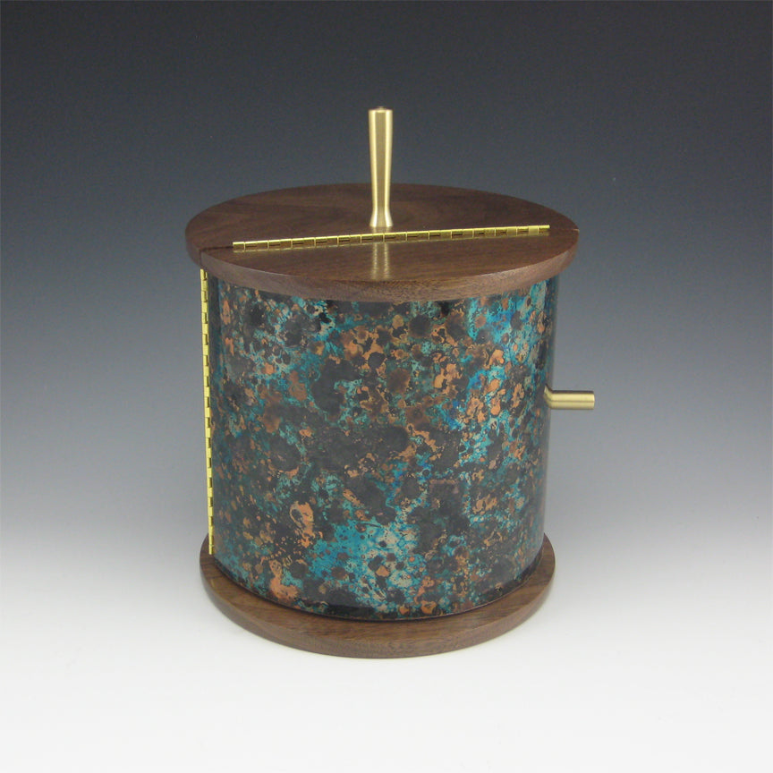 Medium Cylinder Brass,, Cherry, and Copper Jewelry Box with Rotating Trays