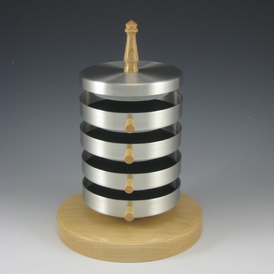 Contemporary Pewter Jewelry Box with Rotating Trays and Maple Wood Base