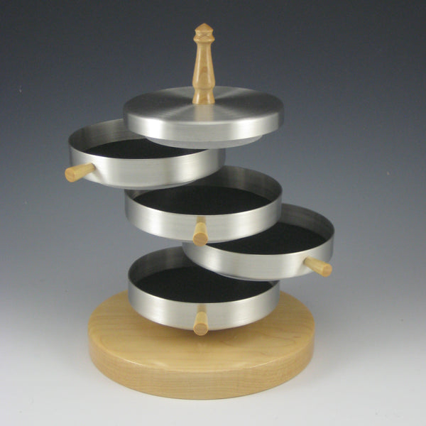 Contemporary Pewter Jewelry Box with Rotating Trays and Maple Wood Base