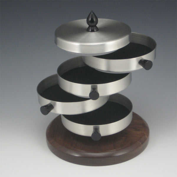 Contemporary Pewter Jewelry Box with Rotating Trays and Walnut Wood Base