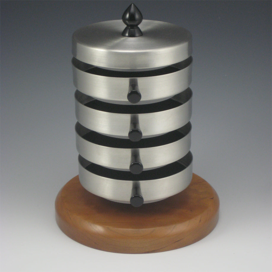 Contemporary Pewter Jewelry Box with Rotating Trays and Cherry Wood Base