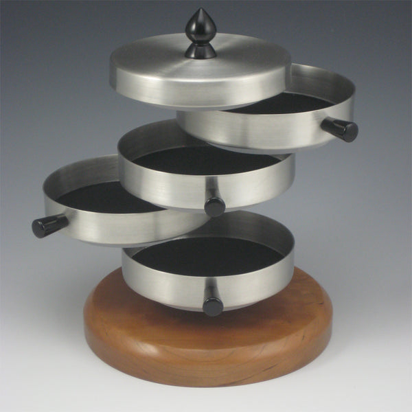 Contemporary Pewter Jewelry Box with Rotating Trays and Cherry Wood Base