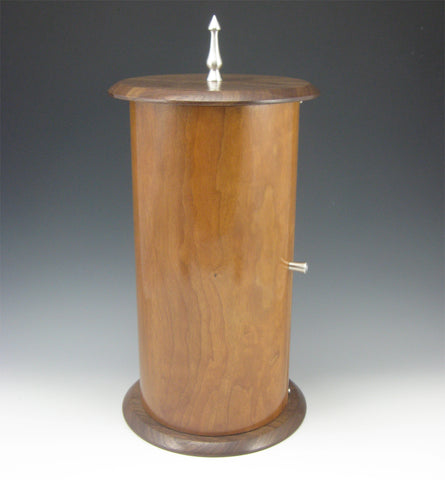 Cylinder Pewter, Cherry Body, and Walnut Top/Bottom Jewelry Box with Rotating Trays