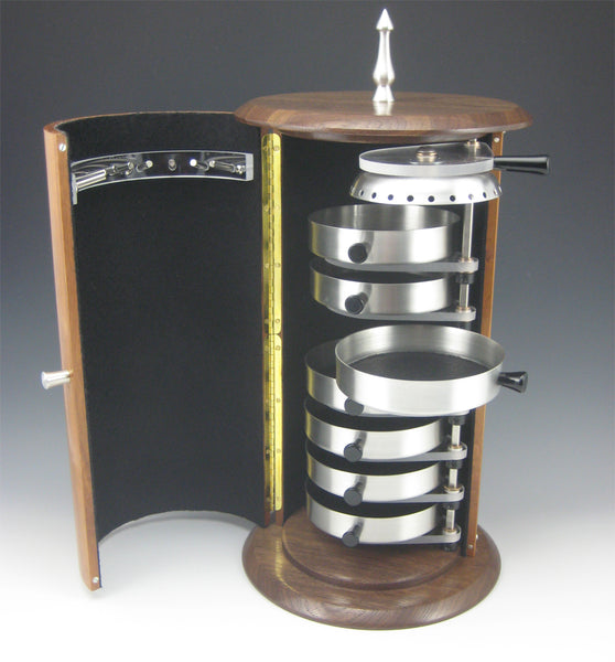 Cylinder Pewter, Cherry Body, and Walnut Top/Bottom Jewelry Box with Rotating Trays