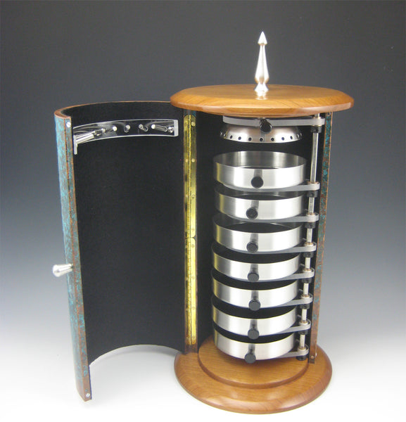 Cylinder Pewter, Cherry, and Copper Jewelry Box with Rotating Trays
