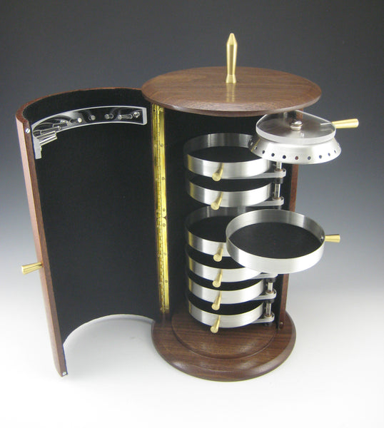 NEW! Cylinder Pewter, Mahogany Body w/Flower Marquetry, and Walnut Top/Bottom Jewelry Box with Rotating Trays