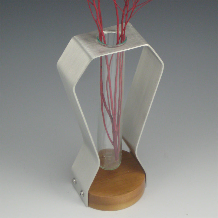 Pewter, Glass & Cherry Flower Bud Vase, Diamond Shape-Medium