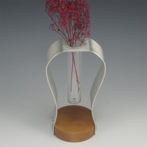 Pewter, Glass & Cherry Flower Bud Vase, Curved Shape, Medium