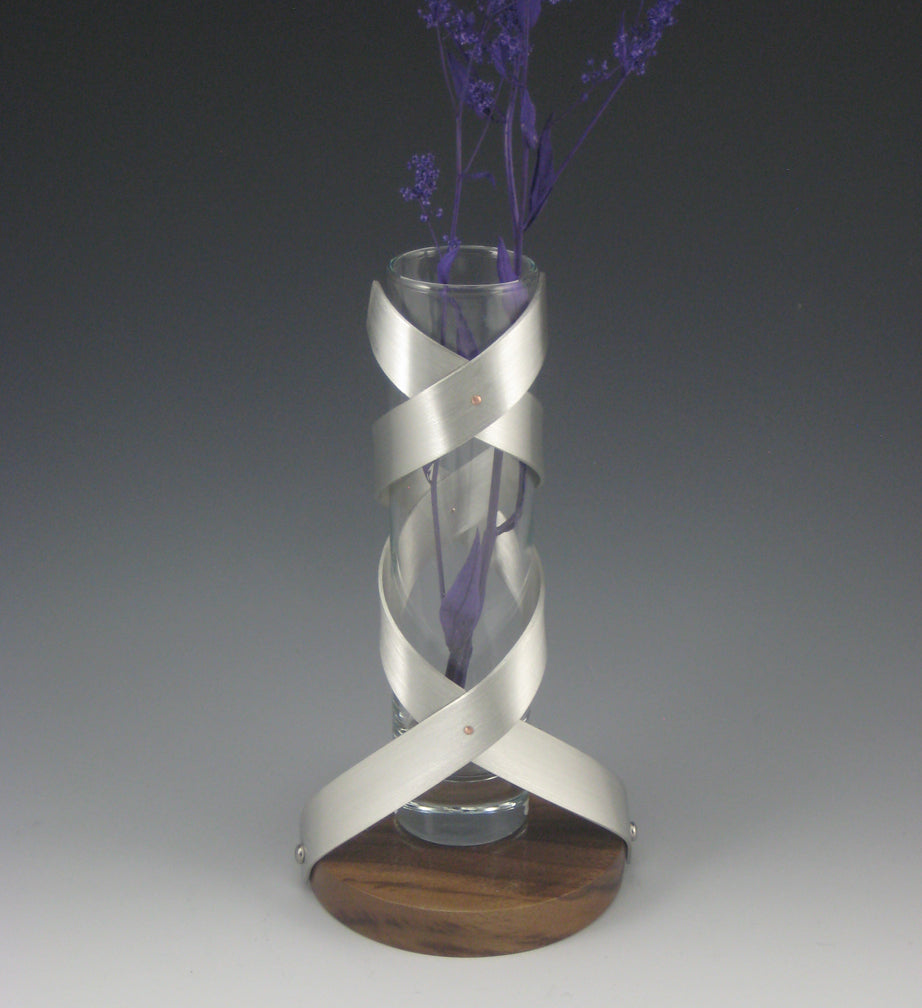 Pewter, Glass & Walnut Flower Vase, Large