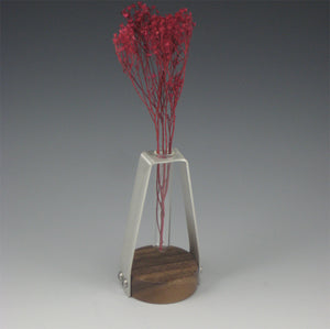 Pewter, Glass & Walnut Mini Flower Bud Vase, Triangle Shape