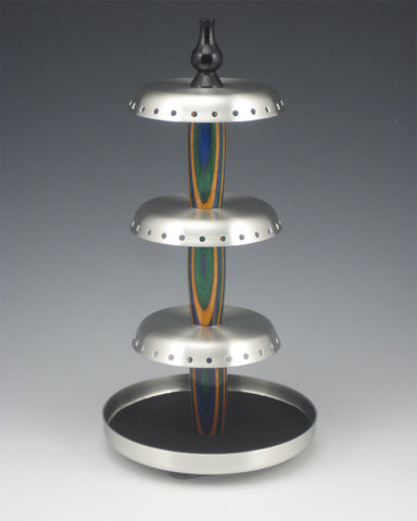 Rotating Pewter and Wood Jewelry Holder, Green, Yellow, & Blue-Large